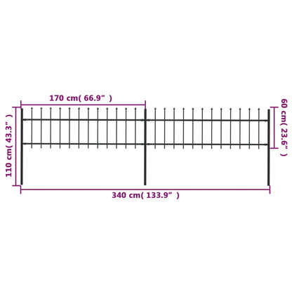 vidaXL Clôture de jardin avec dessus en lance Acier 3,4 x 0,6 m Noir