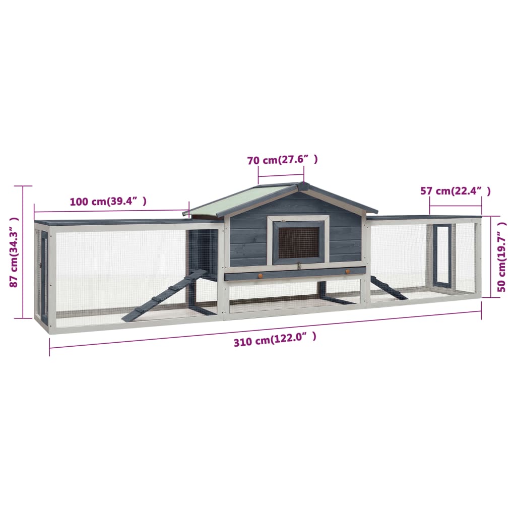 vidaXL Clapier Gris 310x70x87 cm Pin massif et sapin