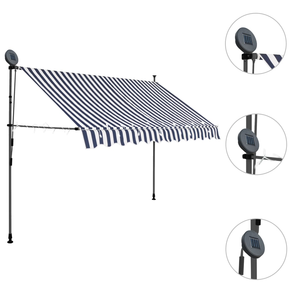 vidaXL Auvent manuel rétractable avec LED 250 cm Bleu et blanc