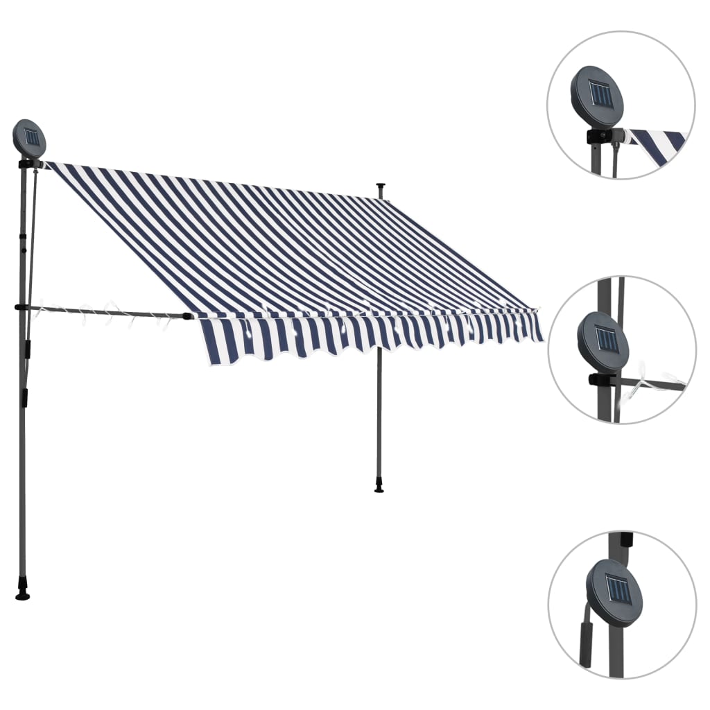 vidaXL Auvent manuel rétractable avec LED 300 cm Bleu et blanc
