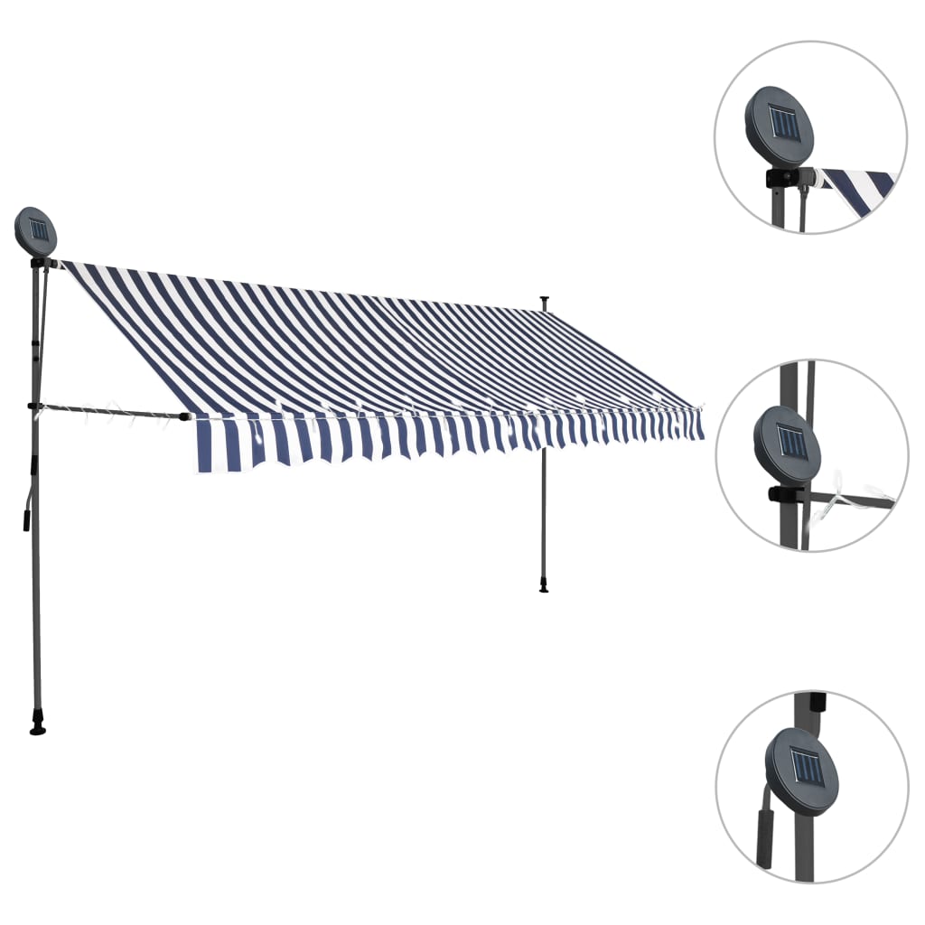 vidaXL Auvent manuel rétractable avec LED 350 cm Bleu et blanc