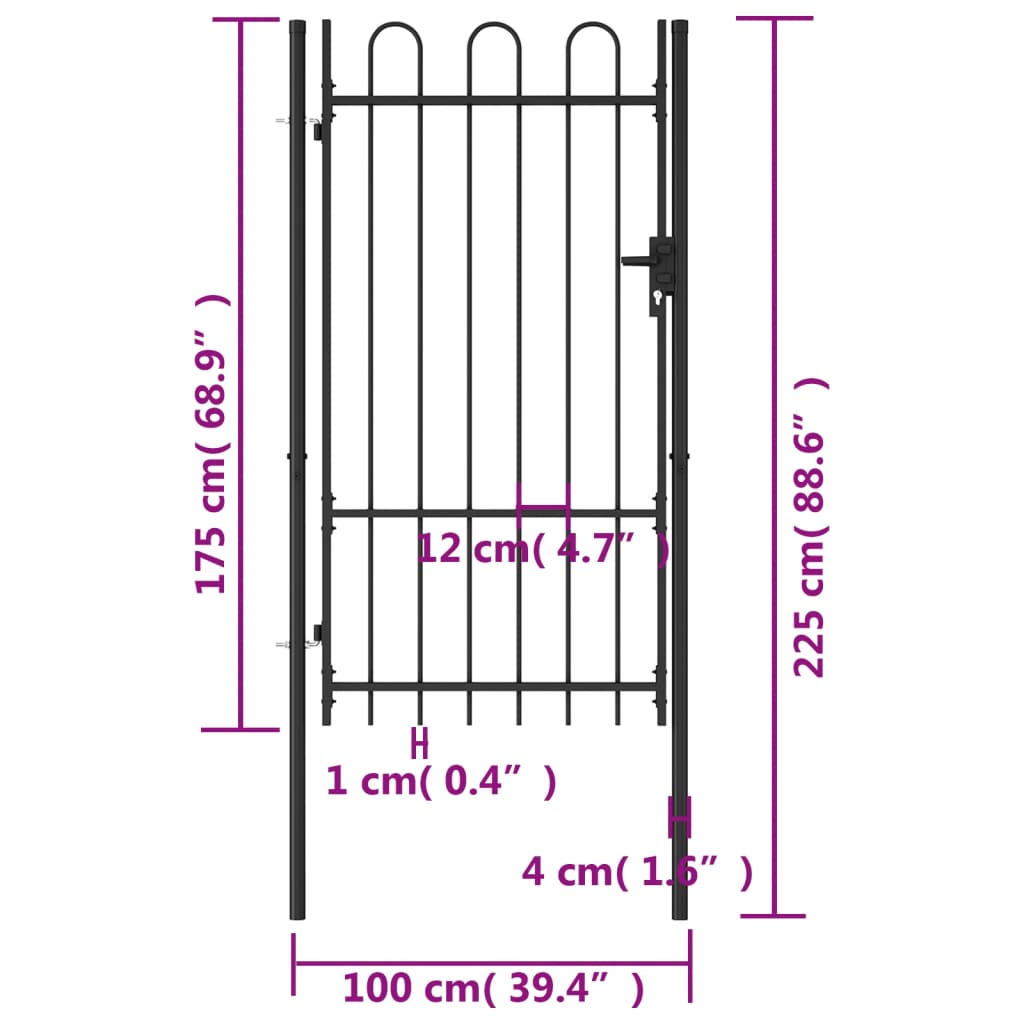 vidaXL Portillon simple porte avec dessus arqué Acier 1x1,75 m Noir