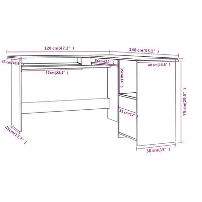 vidaXL Bureau d'angle en forme de L Blanc 120x140x75 cm