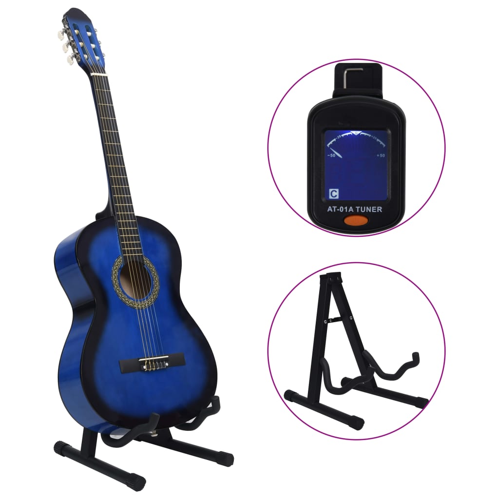 vidaXL Jeu de guitare classique de débutant 12 pcs Bleu 4/4 39"