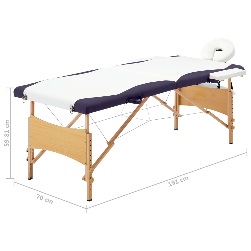 vidaXL Table de massage pliable 2 zones Bois Blanc et violet
