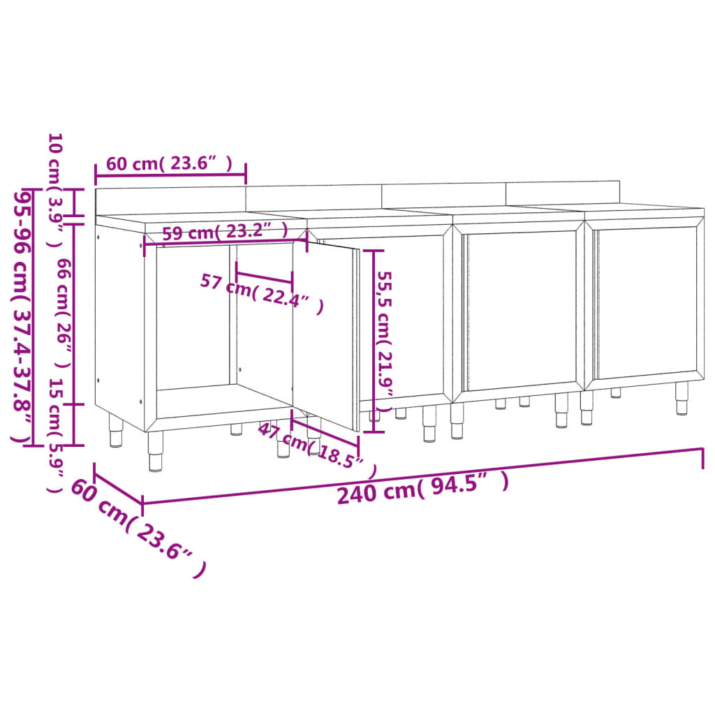 vidaXL Table de travail commerciale avec armoire 240x60x96 cm Inox