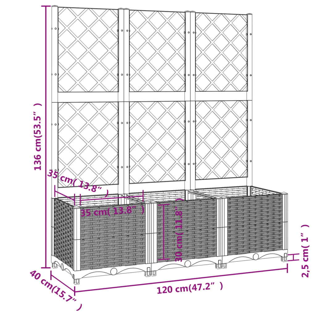 vidaXL Jardinière avec treillis Gris foncé 120x40x136 cm PP