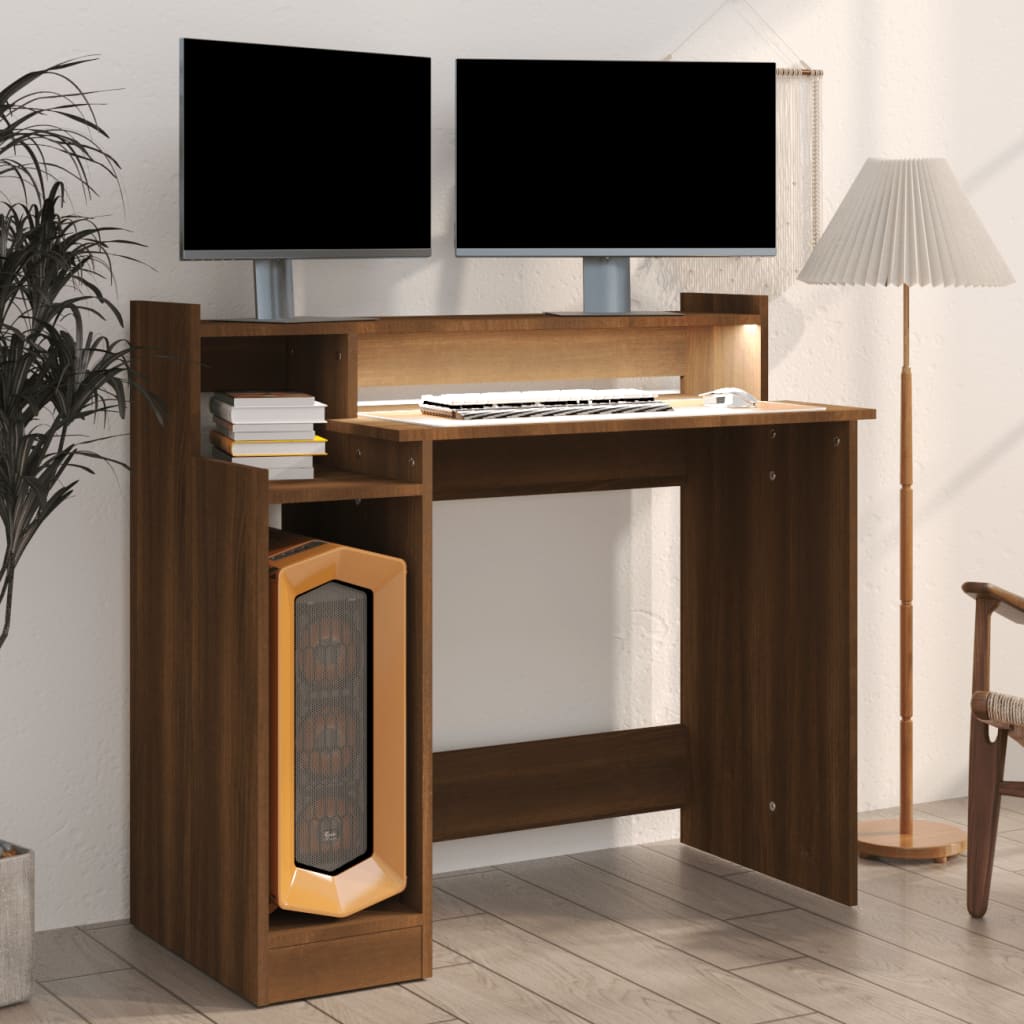 vidaXL Bureau et lumières LED Chêne brun 97x45x90 cm Bois d'ingénierie
