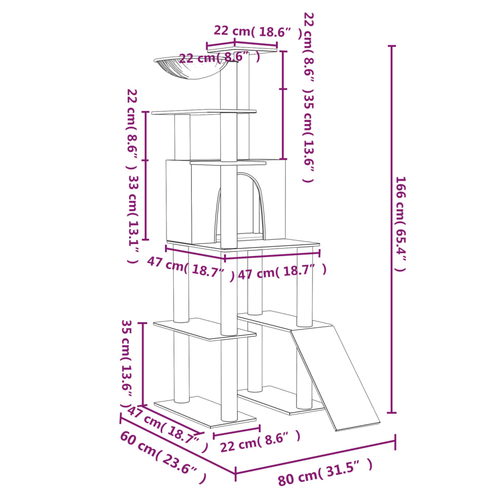 vidaXL Arbre à chat avec griffoirs en sisal Crème 166 cm
