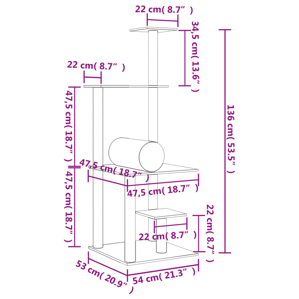 vidaXL Arbre à chat avec griffoirs en sisal gris foncé 136 cm