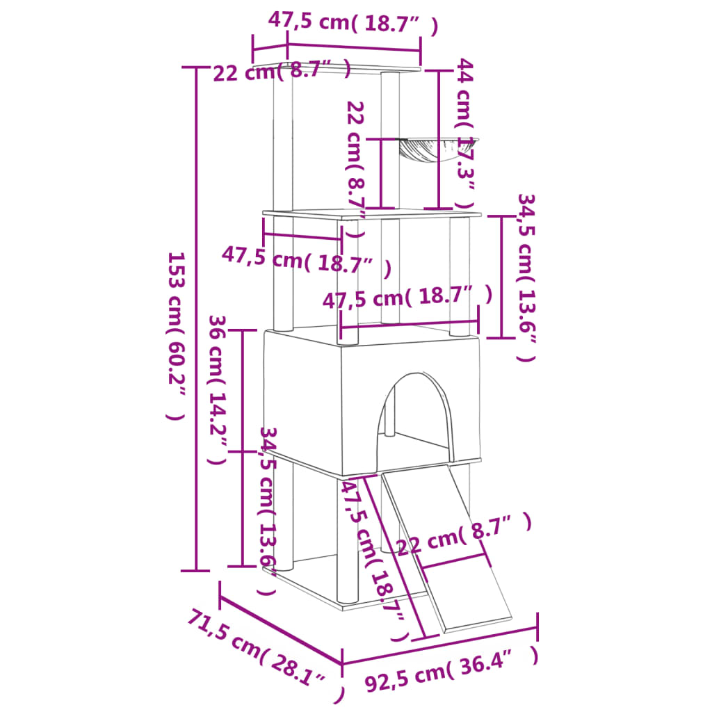 vidaXL Arbre à chat avec griffoirs en sisal Crème 153 cm