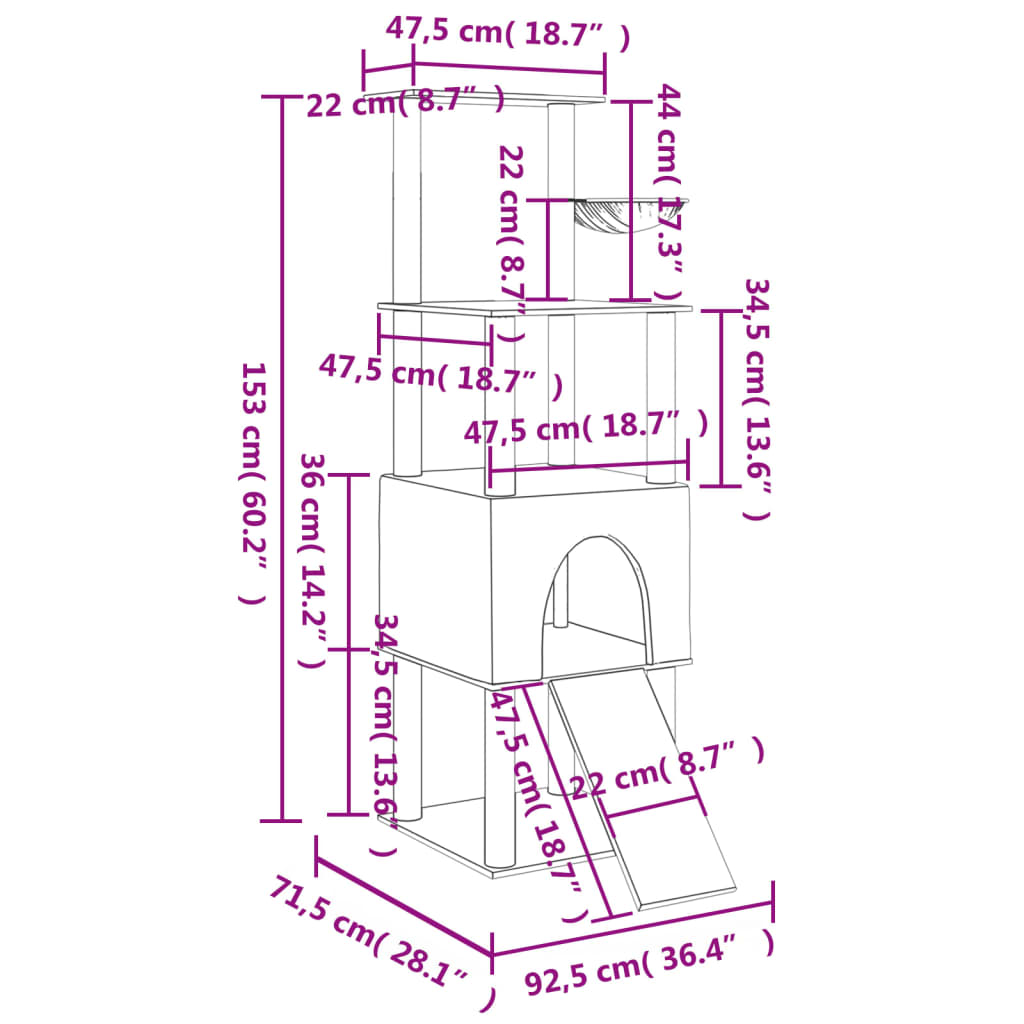 vidaXL Arbre à chat avec griffoirs en sisal Gris clair 153 cm