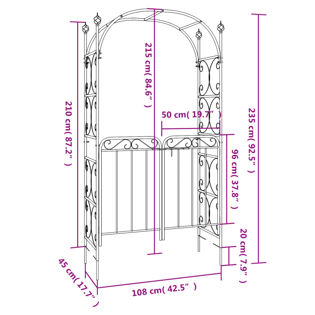 vidaXL Arche de jardin avec portail noir 108x45x235 cm acier