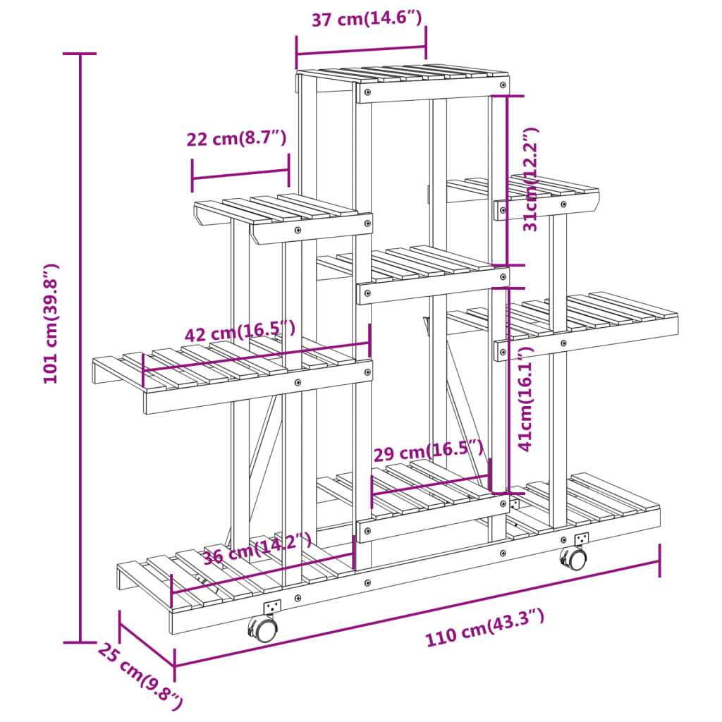 vidaXL Support à fleurs avec roues 110x25x101 cm bois massif de sapin