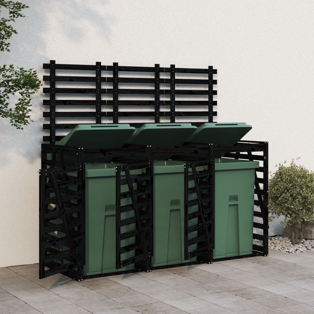 vidaXL Abri pour poubelle triple sur roulettes noir bois massif de pin