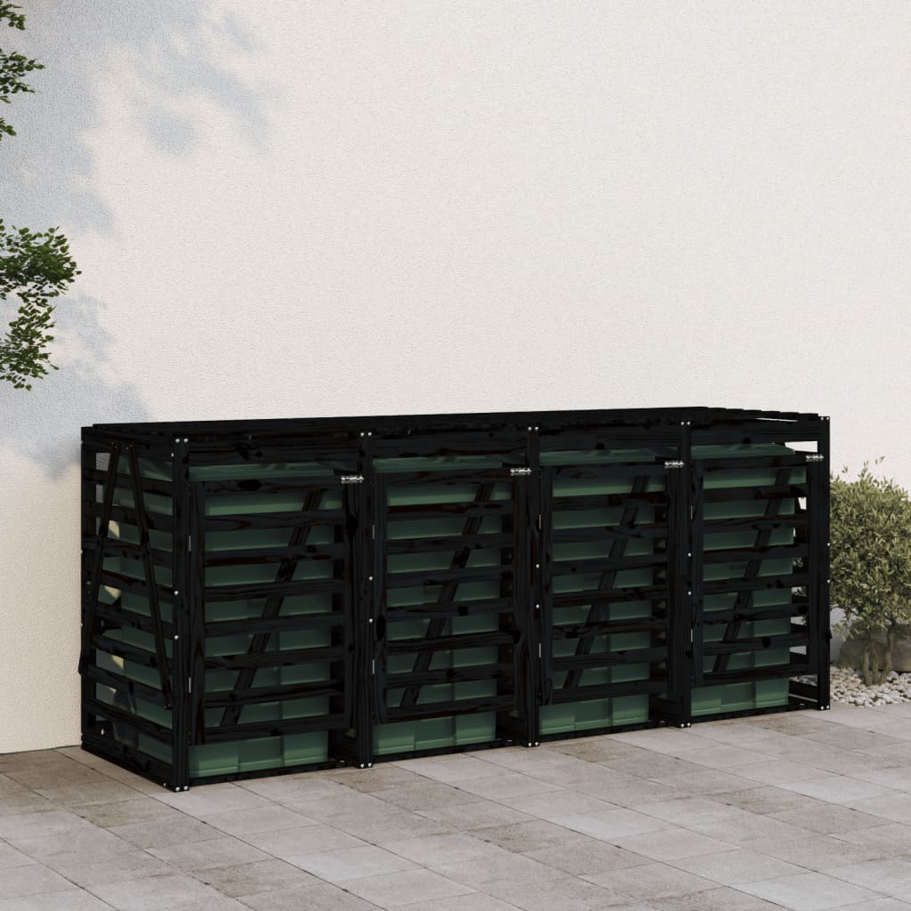 vidaXL Abri pour poubelle quadruple sur roulettes noir bois de pin