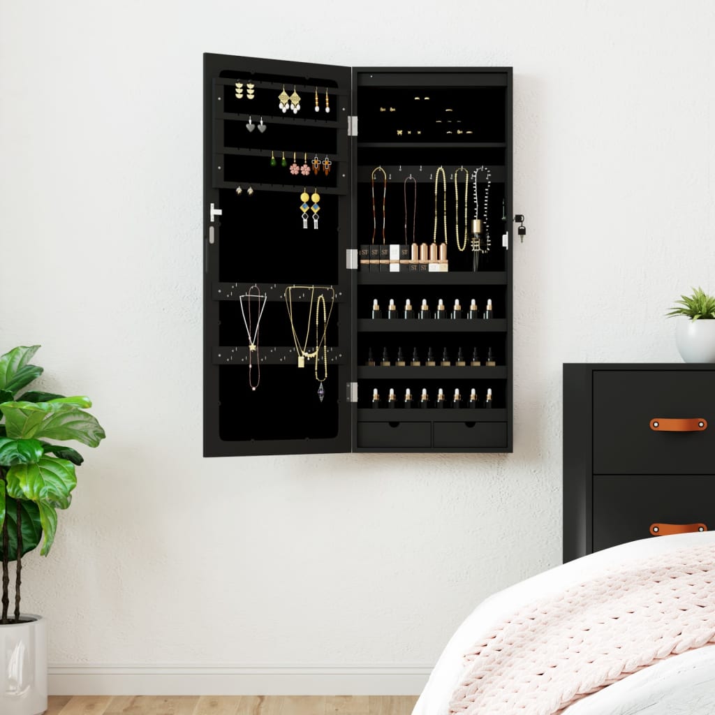 vidaXL Armoire à bijoux avec miroir et éclairage LED mural noir