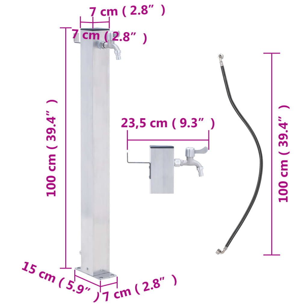 vidaXL Colonne à eau de jardin 100 cm acier inoxydable carré