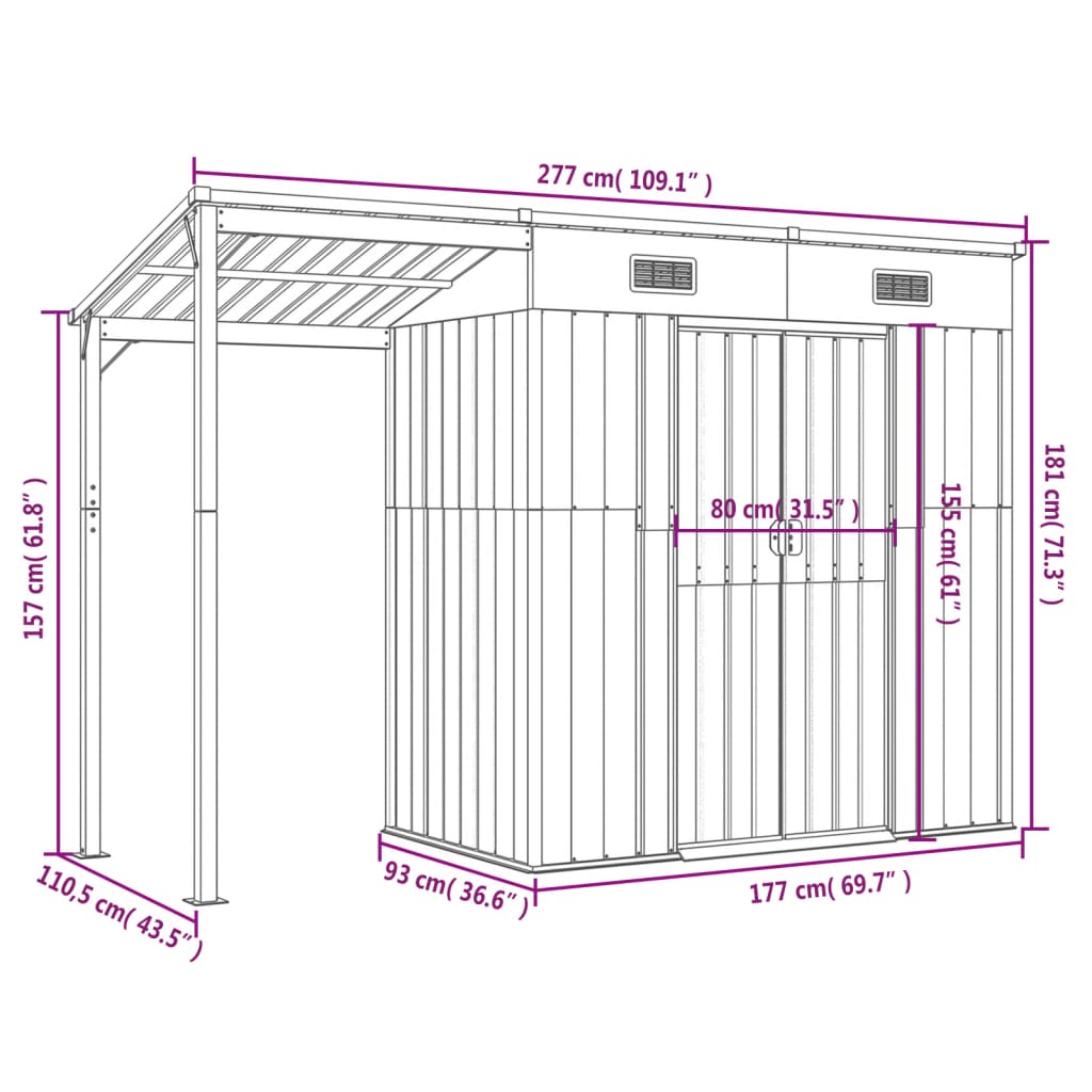 vidaXL Abri de jardin avec toit prolongé anthracite 277x110,5x181 cm
