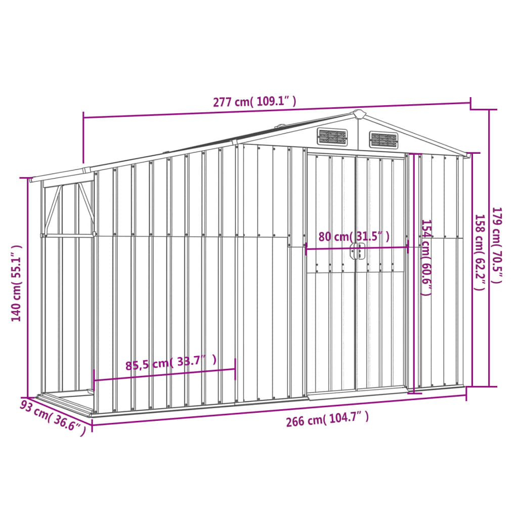 vidaXL Abri de jardin marron 277x93x179 cm acier galvanisé