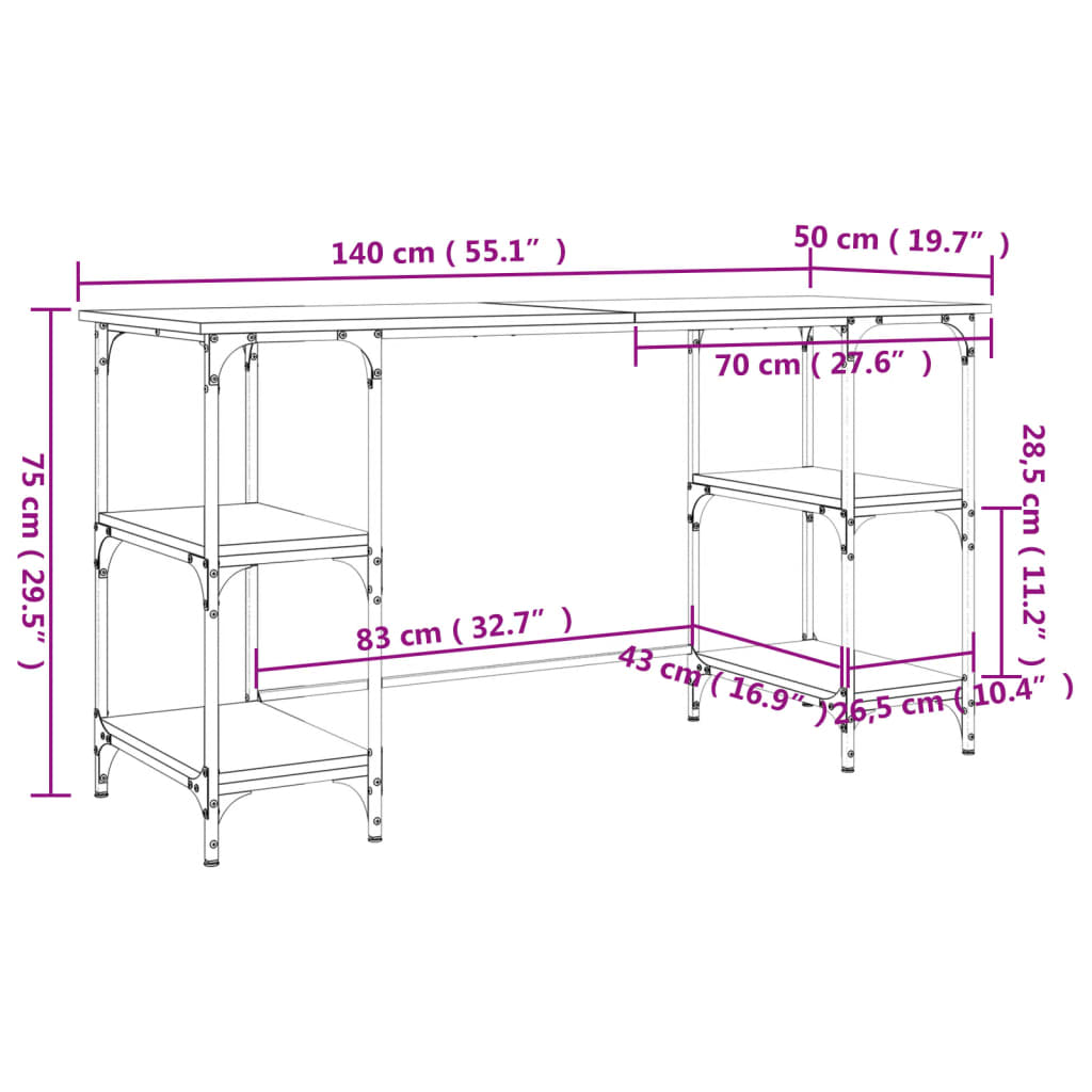 vidaXL Bureau sonoma gris 140x50x75 cm métal et bois d'ingénierie